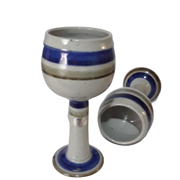 Art Pottery Wine Glass Goblets Chalice Set Of Two Blue Cream by Chris Stender - Picture 3 of 4